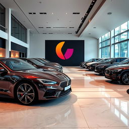 A luxury car showroom featuring sleek, high-end vehicles displayed elegantly under soft lighting