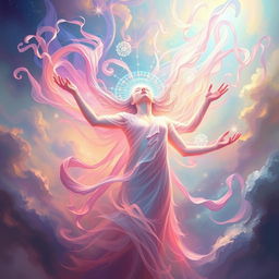 A surreal and vibrant depiction of an ethereal figure experiencing an intense moment of bliss, surrounded by swirling colors and dreamlike patterns