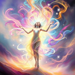 A surreal and vibrant depiction of an ethereal figure experiencing an intense moment of bliss, surrounded by swirling colors and dreamlike patterns