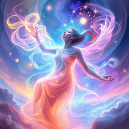 A surreal and vibrant depiction of an ethereal figure experiencing an intense moment of bliss, surrounded by swirling colors and dreamlike patterns