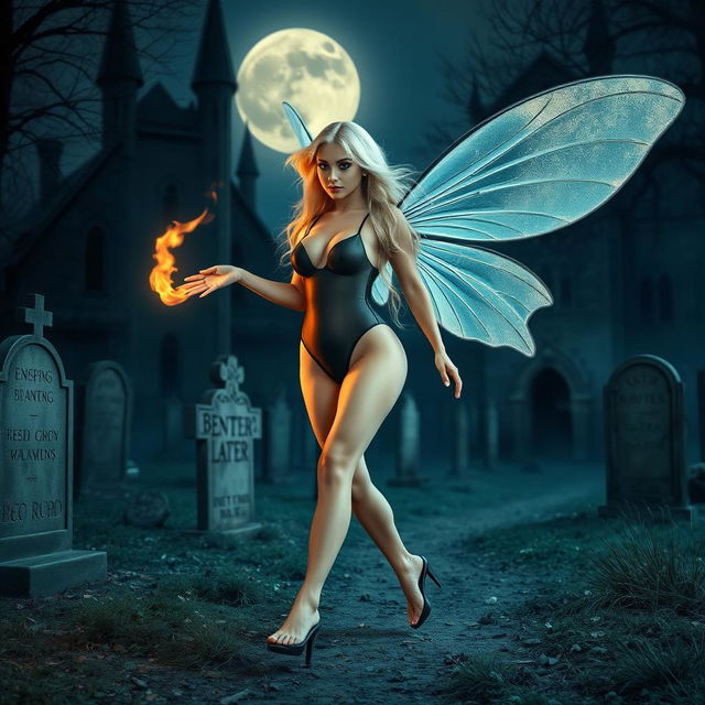 A full-length photographic image of a delightful fairy with flowing blonde hair and shimmering silver wings, walking gracefully through a hauntingly beautiful cemetery outside a gothic castle at midnight, under the soft illumination of the full moon