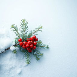 A stunning wallpaper featuring a light blue snowy background, on the left side, a luxurious spruce branch adorned with a cluster of vibrant rowan berries