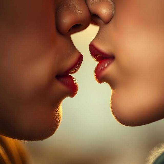 A close-up of two pairs of lips engaged in a passionate kiss, with a focus on the texture and details of the lips