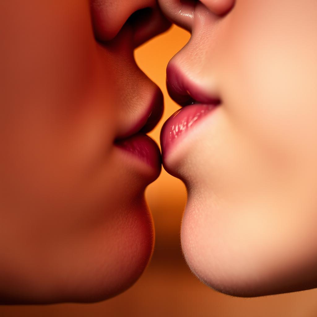 A close-up of two pairs of lips engaged in a passionate kiss, with a focus on the texture and details of the lips