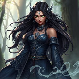 A stunning character design for Narmis, featuring her with long, flowing dark hair adorned with intricate silver accessories