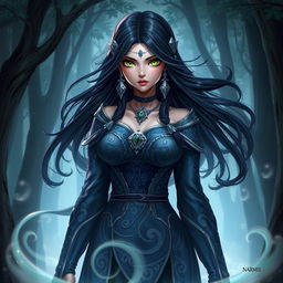 A stunning character design for Narmis, featuring her with long, flowing dark hair adorned with intricate silver accessories