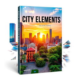 A striking book cover for the title 'City Elements' by Sir Faraz, showcasing a vibrant urban landscape with a blend of modern and classic architecture