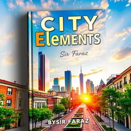 A striking book cover for the title 'City Elements' by Sir Faraz, showcasing a vibrant urban landscape with a blend of modern and classic architecture