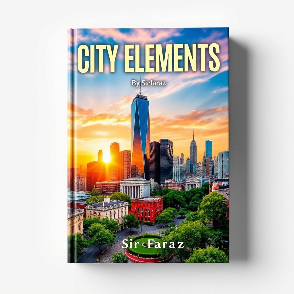 A striking book cover for the title 'City Elements' by Sir Faraz, showcasing a vibrant urban landscape with a blend of modern and classic architecture