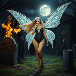 A full-length photographic image of a stunning fairy with flowing blonde hair and glimmering silver wings, walking elegantly through a mysterious cemetery outside a gothic castle at midnight, under the ethereal light of the full moon