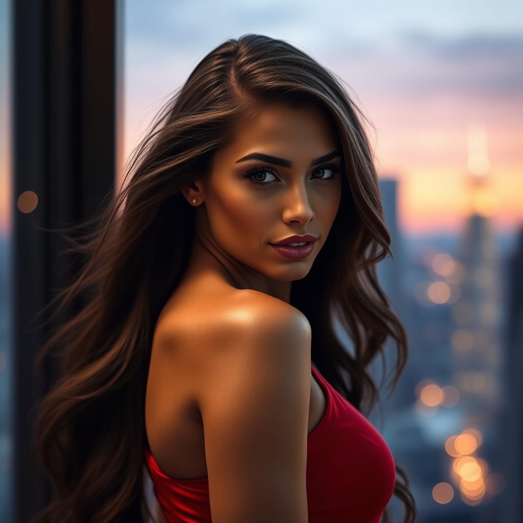 A captivating and alluring portrait of a stunning woman with long flowing hair, wearing a form-fitting red dress that highlights her curves