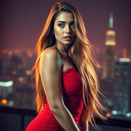 A captivating and alluring portrait of a stunning woman with long flowing hair, wearing a form-fitting red dress that highlights her curves