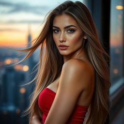 A captivating and alluring portrait of a stunning woman with long flowing hair, wearing a form-fitting red dress that highlights her curves