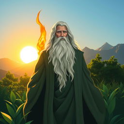 An artistic representation of Zoroaster (Zarathustra), the ancient Persian prophet, with flowing robes and a serene expression, standing amidst a lush green landscape