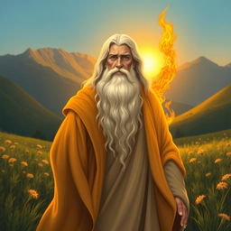 An artistic representation of Zoroaster (Zarathustra), the ancient Persian prophet, with flowing robes and a serene expression, standing amidst a lush green landscape