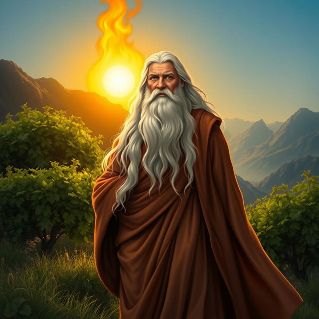 An artistic representation of Zoroaster (Zarathustra), the ancient Persian prophet, with flowing robes and a serene expression, standing amidst a lush green landscape