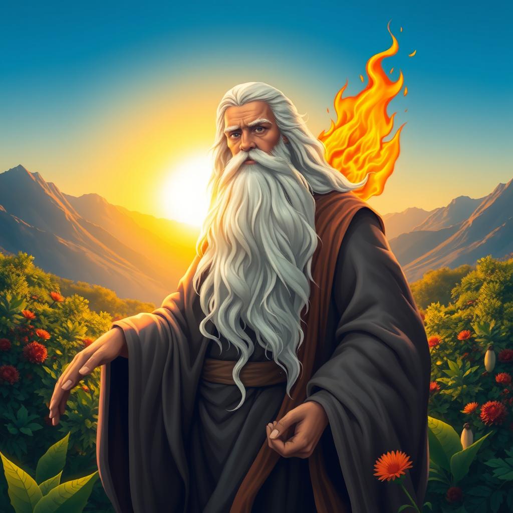 An artistic representation of Zoroaster (Zarathustra), the ancient Persian prophet, with flowing robes and a serene expression, standing amidst a lush green landscape