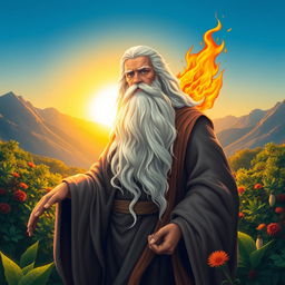 An artistic representation of Zoroaster (Zarathustra), the ancient Persian prophet, with flowing robes and a serene expression, standing amidst a lush green landscape