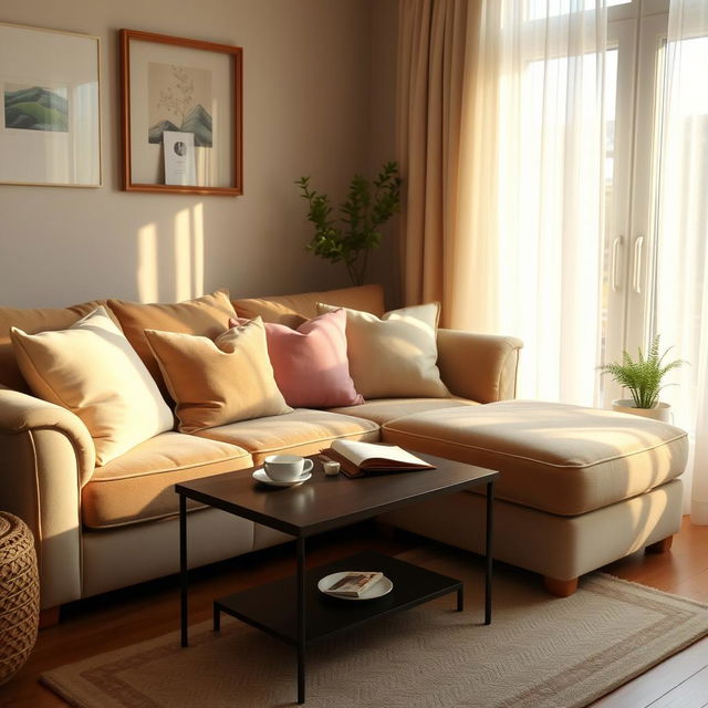 A cozy, inviting living room featuring a plush sofa adorned with soft cushions in pastel colors, a coffee table with a steaming cup of tea and an open book, warm light flooding the room from a large window with delicate curtains, a small potted plant in the corner, and a beautiful rug on the wooden floor, creating a perfect atmosphere for relaxation and comfort