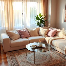 A cozy, inviting living room featuring a plush sofa adorned with soft cushions in pastel colors, a coffee table with a steaming cup of tea and an open book, warm light flooding the room from a large window with delicate curtains, a small potted plant in the corner, and a beautiful rug on the wooden floor, creating a perfect atmosphere for relaxation and comfort