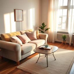 A cozy, inviting living room featuring a plush sofa adorned with soft cushions in pastel colors, a coffee table with a steaming cup of tea and an open book, warm light flooding the room from a large window with delicate curtains, a small potted plant in the corner, and a beautiful rug on the wooden floor, creating a perfect atmosphere for relaxation and comfort