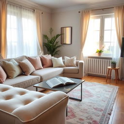 A cozy, inviting living room featuring a plush sofa adorned with soft cushions in pastel colors, a coffee table with a steaming cup of tea and an open book, warm light flooding the room from a large window with delicate curtains, a small potted plant in the corner, and a beautiful rug on the wooden floor, creating a perfect atmosphere for relaxation and comfort