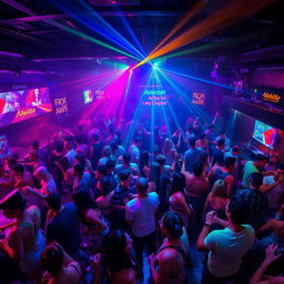 A vibrant and bustling nightclub scene filled with energetic partygoers dancing under colorful lights