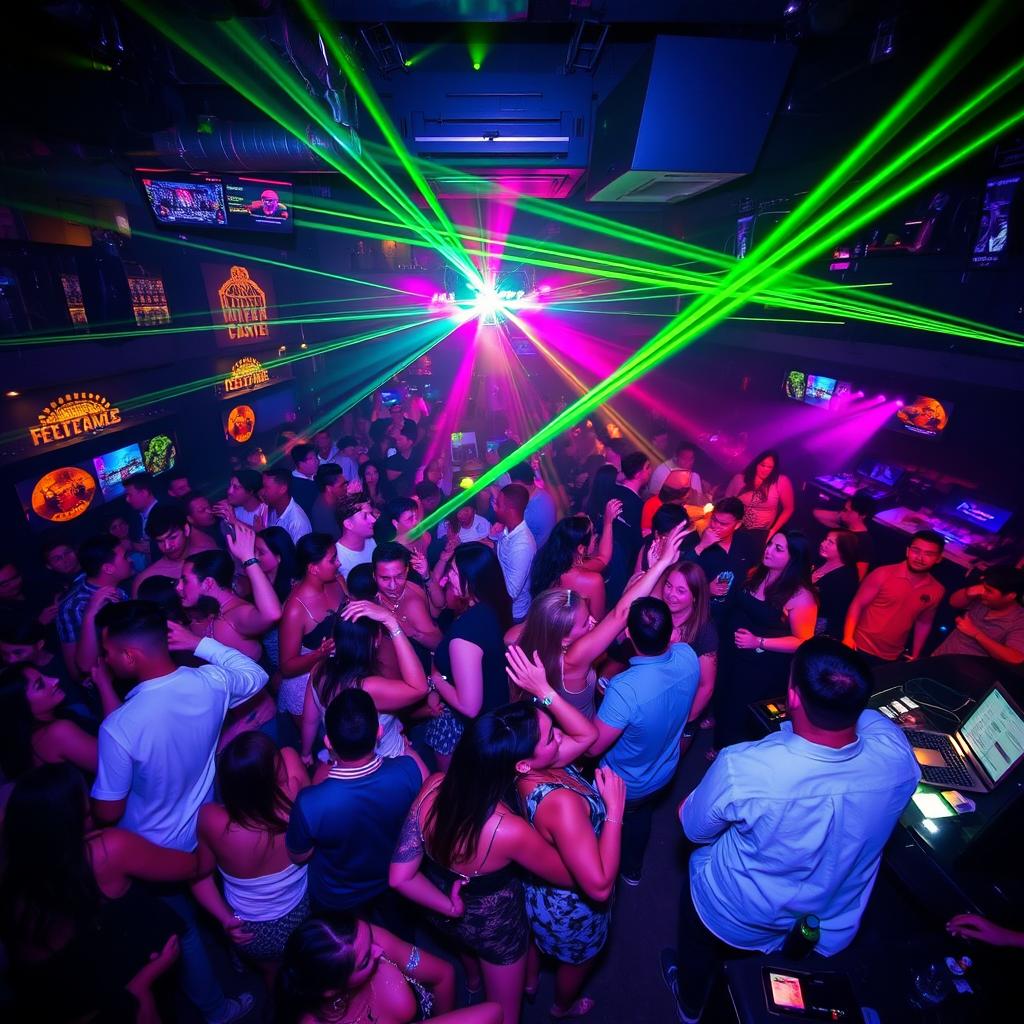 A vibrant and bustling nightclub scene filled with energetic partygoers dancing under colorful lights