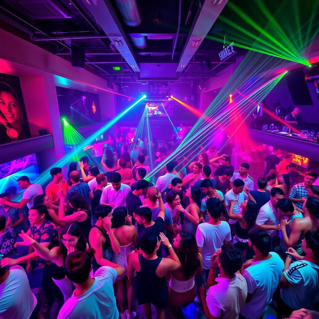 A vibrant and bustling nightclub scene filled with energetic partygoers dancing under colorful lights