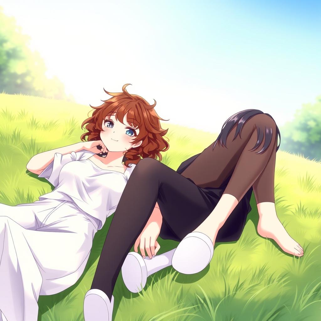 Two female characters, one with curly brunette hair wearing white clothing, reclining on green grass, beside her is another girl with fair skin and short black hair, brown eyes, dressed in black