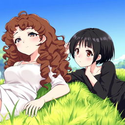 Two female characters, one with curly brunette hair wearing white clothing, reclining on green grass, beside her is another girl with fair skin and short black hair, brown eyes, dressed in black