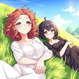 Two female characters, one with curly brunette hair wearing white clothing, reclining on green grass, beside her is another girl with fair skin and short black hair, brown eyes, dressed in black