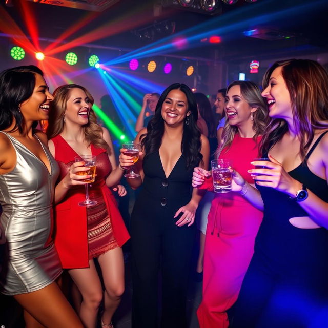 A vibrant nightclub scene featuring several women enjoying their night out