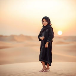 A cute Saudi girl wearing a traditional black abaya with intricate designs and a neqab covering her face, standing elegantly