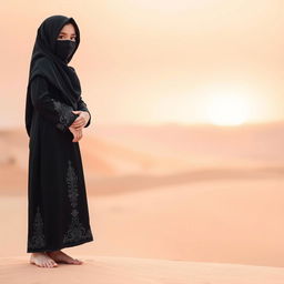 A cute Saudi girl wearing a traditional black abaya with intricate designs and a neqab covering her face, standing elegantly