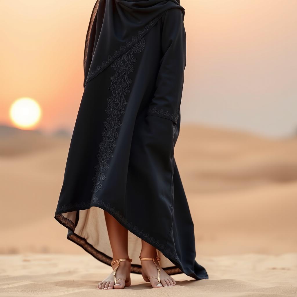 A cute Saudi girl wearing a traditional black abaya with intricate designs and a neqab covering her face, standing elegantly