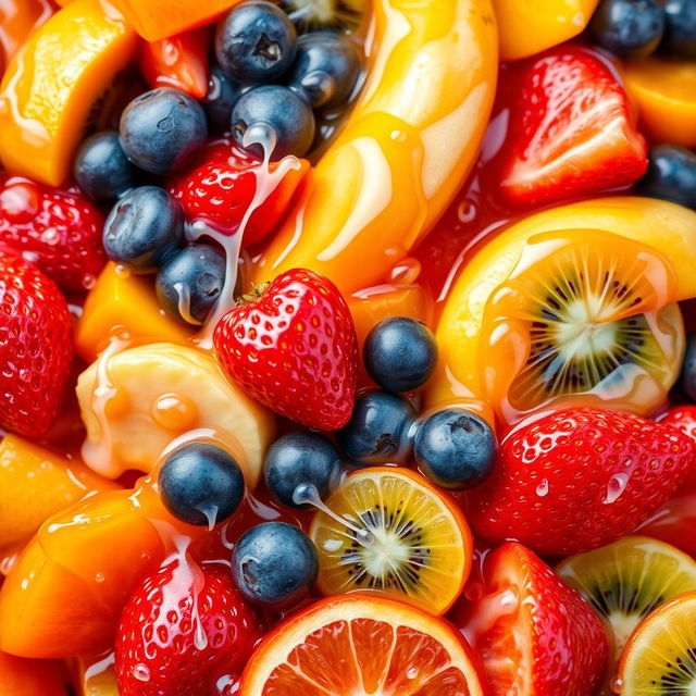 A vibrant and colorful abstract representation of a fruit mix, combining various fruits like strawberries, bananas, oranges, kiwis, and blueberries, blended together in a harmonious explosion of colors and textures