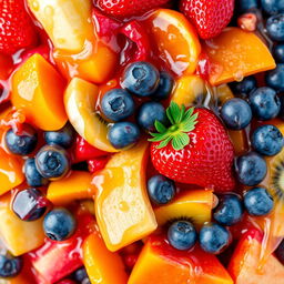 A vibrant and colorful abstract representation of a fruit mix, combining various fruits like strawberries, bananas, oranges, kiwis, and blueberries, blended together in a harmonious explosion of colors and textures
