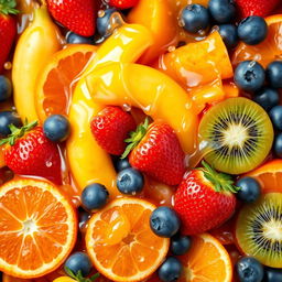 A vibrant and colorful abstract representation of a fruit mix, combining various fruits like strawberries, bananas, oranges, kiwis, and blueberries, blended together in a harmonious explosion of colors and textures