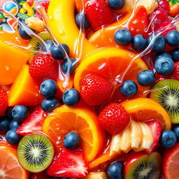 A vibrant and colorful abstract representation of a fruit mix, combining various fruits like strawberries, bananas, oranges, kiwis, and blueberries, blended together in a harmonious explosion of colors and textures