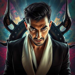 A surreal and expressive artwork featuring Mohsen Yeganeh, a popular Iranian singer, reimagined as a character in the film 'Titane'