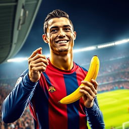 A stylized portrait of a famous male football player, resembling Cristiano Ronaldo, holding a banana in one hand while giving a playful smile