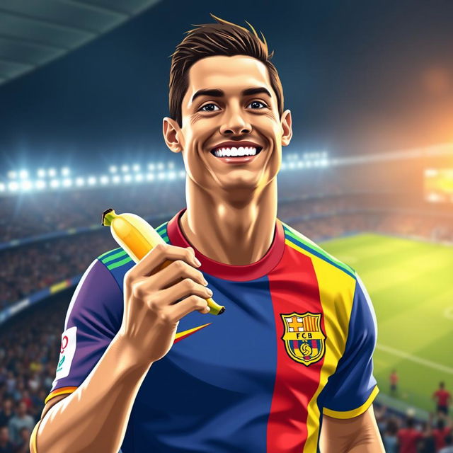 A stylized portrait of a famous male football player, resembling Cristiano Ronaldo, holding a banana in one hand while giving a playful smile