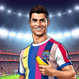 A stylized portrait of a famous male football player, resembling Cristiano Ronaldo, holding a banana in one hand while giving a playful smile