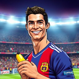 A stylized portrait of a famous male football player, resembling Cristiano Ronaldo, holding a banana in one hand while giving a playful smile
