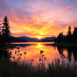 A stunning landscape scene that captures the beauty of a serene sunset over a calm lake