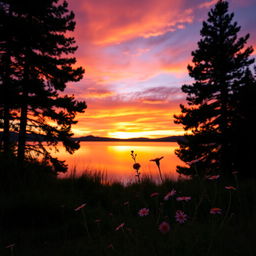 A stunning landscape scene that captures the beauty of a serene sunset over a calm lake