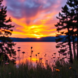 A stunning landscape scene that captures the beauty of a serene sunset over a calm lake