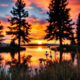 A stunning landscape scene that captures the beauty of a serene sunset over a calm lake