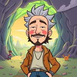 A cartoonish depiction of Mohsen Yeganeh, a popular Iranian singer-songwriter, in the animated style of 'Rick and Morty